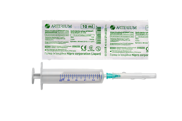 картинка Arterium шприц инъекционный трехкомпонентный стерильный с иглой, 10 мл, 0,8мм х 38мм (21G х 1 1/2) от магазина Аптека24